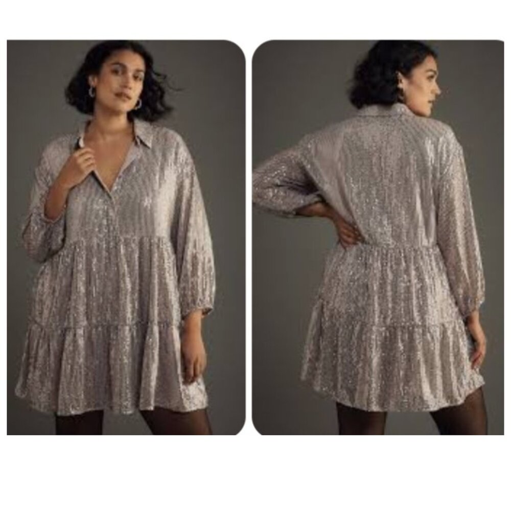 Anthropologie The Bettina Tiered Shirt Dress by Maeve  Mini Sequin Edition XL